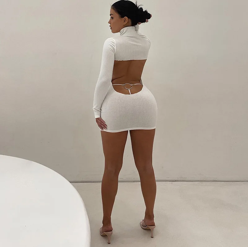 Sexy Autumn Dress Women Solid Ribbed Backless Dress Turtleneck Long Sleeve Jersey Short Dress