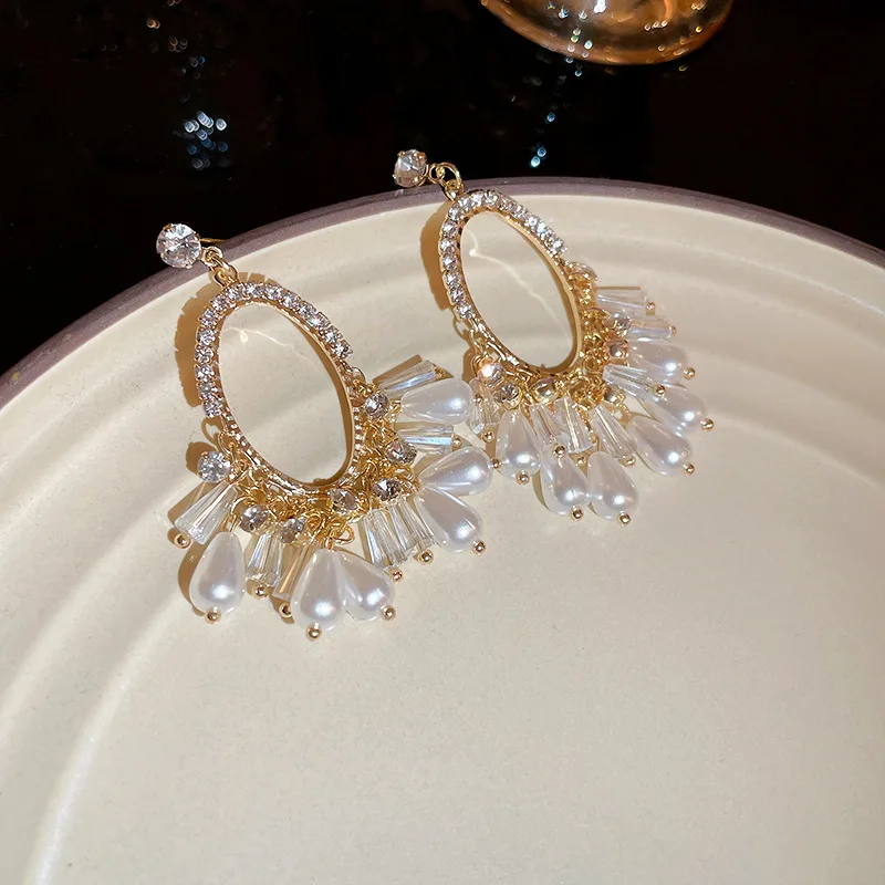 Rhinestone Oval Waterdrop Crystal Pearl Tassel Drop Earrings Retro Palace Style Earring Fashion Jewelry