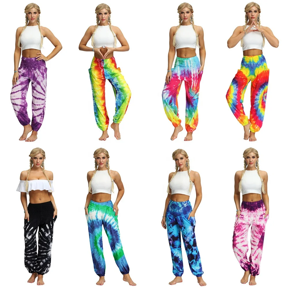 
Boho hot style Thai floral plus size pants tie-dye gradient casual pants woman beach holiday dress baggy harem pants with pocket 