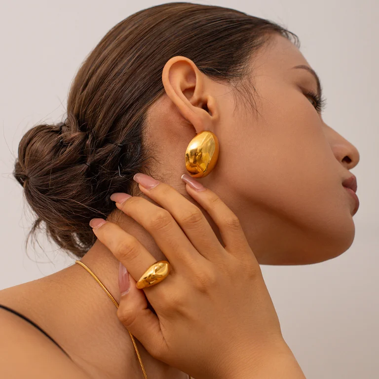 Zhilin 361L Stainless Steel 18k Gold Plated Exaggerated Big Round Ball Beads Stud Earrings Statement Women Waterproof Jewelry