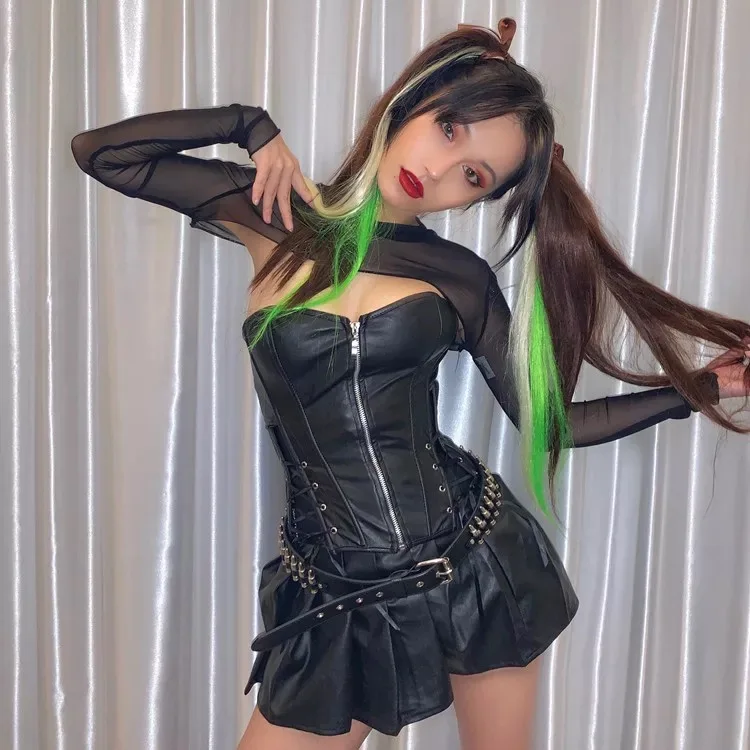Hot Girl PU Leather Corset and Mini Skirt 3 Piece Set Party Club Sexy Punk Black Body-shaping Shapewear Plus Size Dress