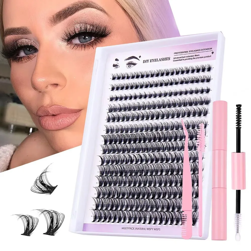 Natural 3D DIY Eyelash Extension Kit Fluffy Cluster Individual Lashes and D Curl Mix Length Eyelash Extension Kit with Bond Glue