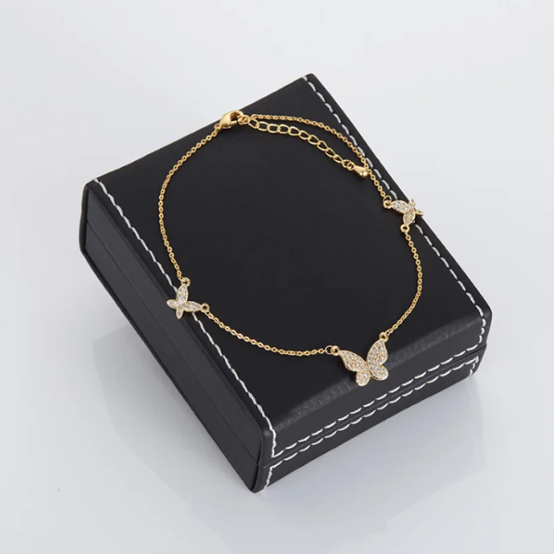 18K Gold Plated Links Chain Animal Bracelet Adjustable Micro Pave Cubic Cz Bling Zircon Butterfly Charm For