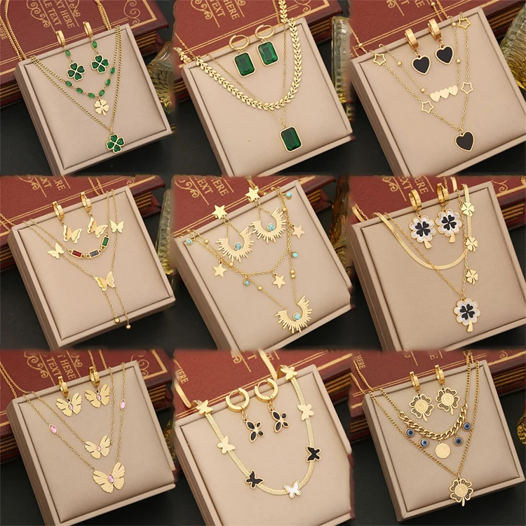 Jewelry Women Stainless Steel Emerald Gold Clover Heart Butterfly Pendant Necklace Drop Earrings Bracelet For Party Wedding