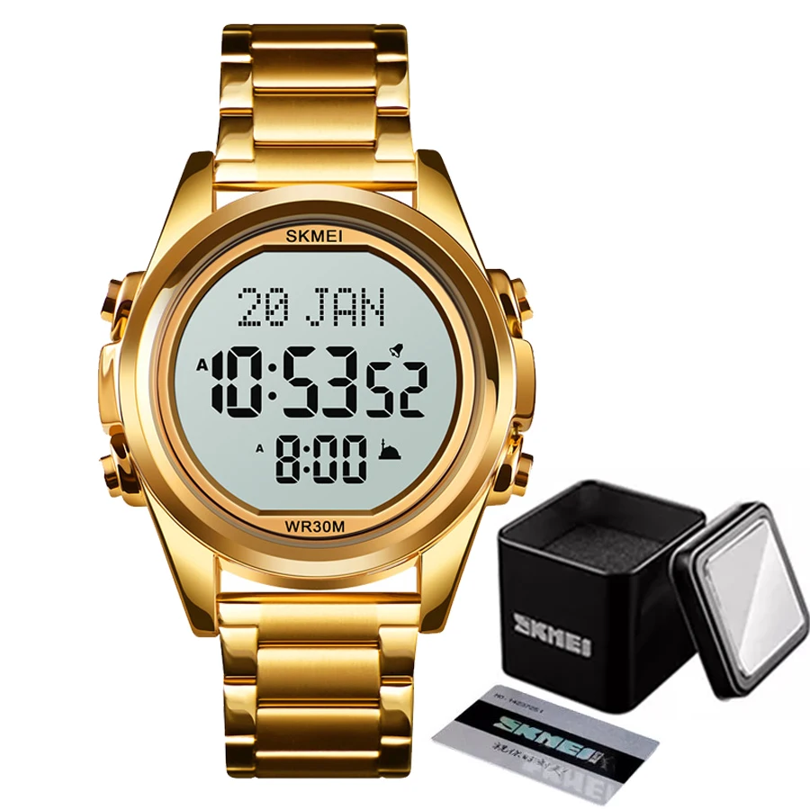 Hot Sale 1667 Luxury Azan Muslim Prayer Watch Alarm Clock Al Fajr Qibla Stainless Steel Gold Watch Men Digital Watch