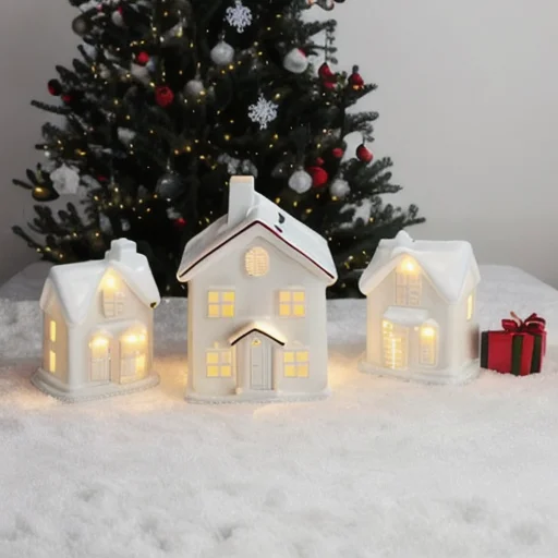 Custom White 3D LED lighted Village Christmas Ceramic House with gold rim