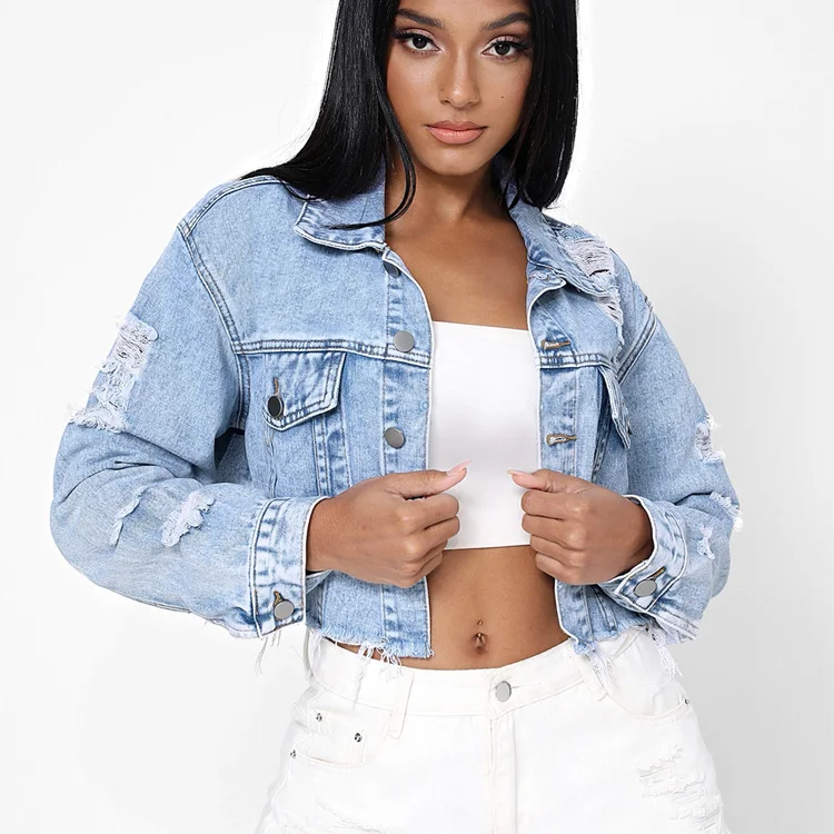 Women vintage denim jacket worn distressed stain ripped frayed hem crop hole denim jackets for ladies