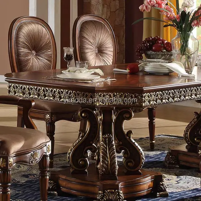 Antique European Style Rococo  Dining Table And 6 8 flower dining Chairs luxury Solid Wooden brown dining room Rectangular Table