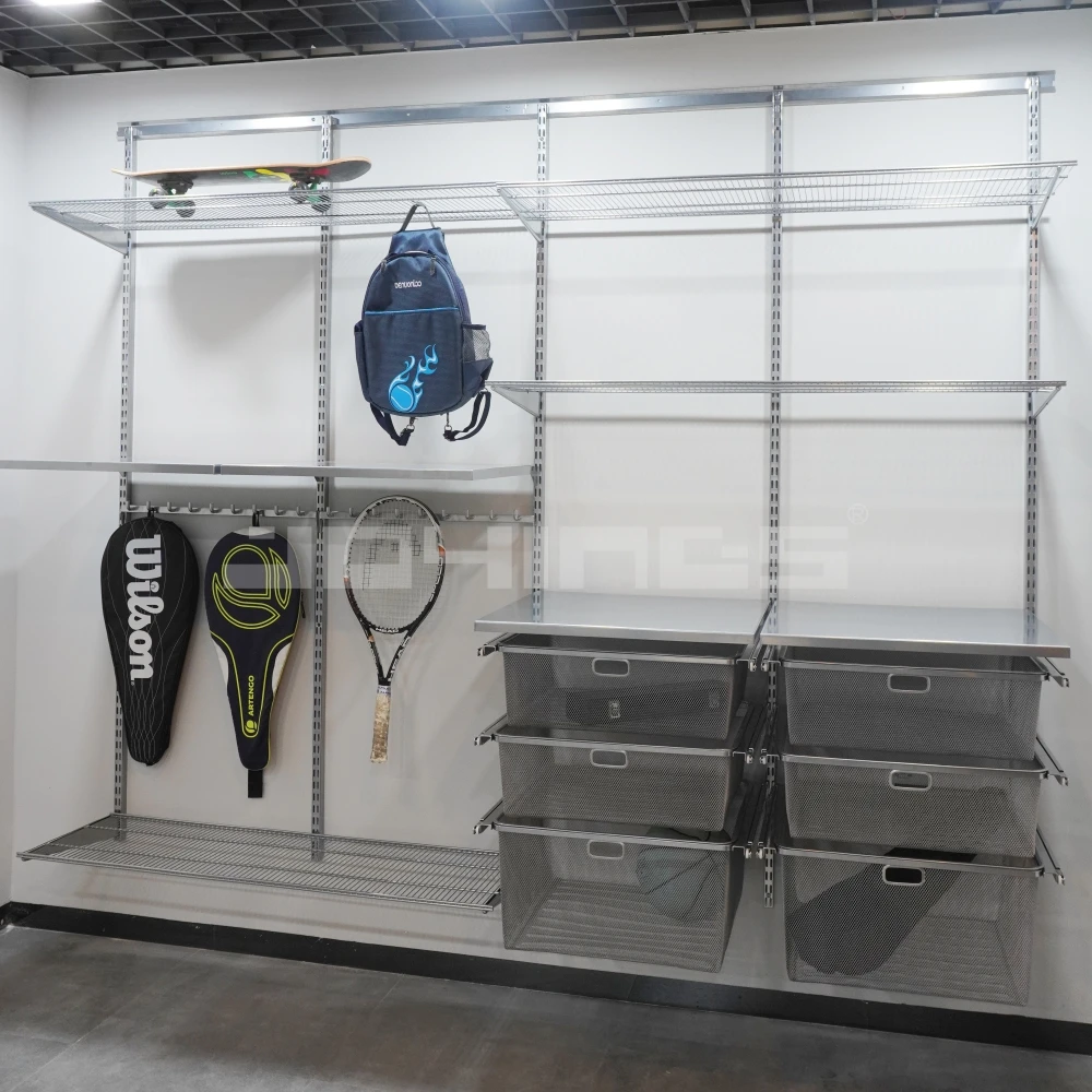 Wall Mounted Wire Closet Shelving For Fitness Room With Metal Workshop Table Shelf