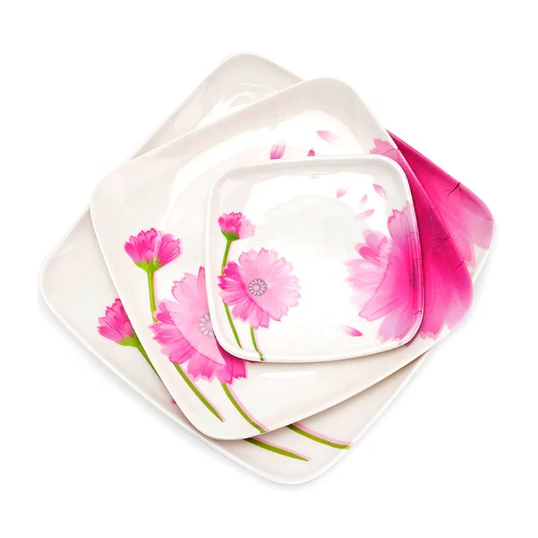 Restaurant dinnerware custom logo flower design OEM melamine plastic square dishes food grade square dinner plates