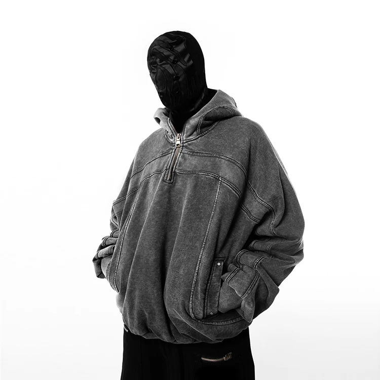 huilin wholesale manufacture heavyweight 100% cotton ninja hoodie men custom half face vintage wash patchwork hoodie