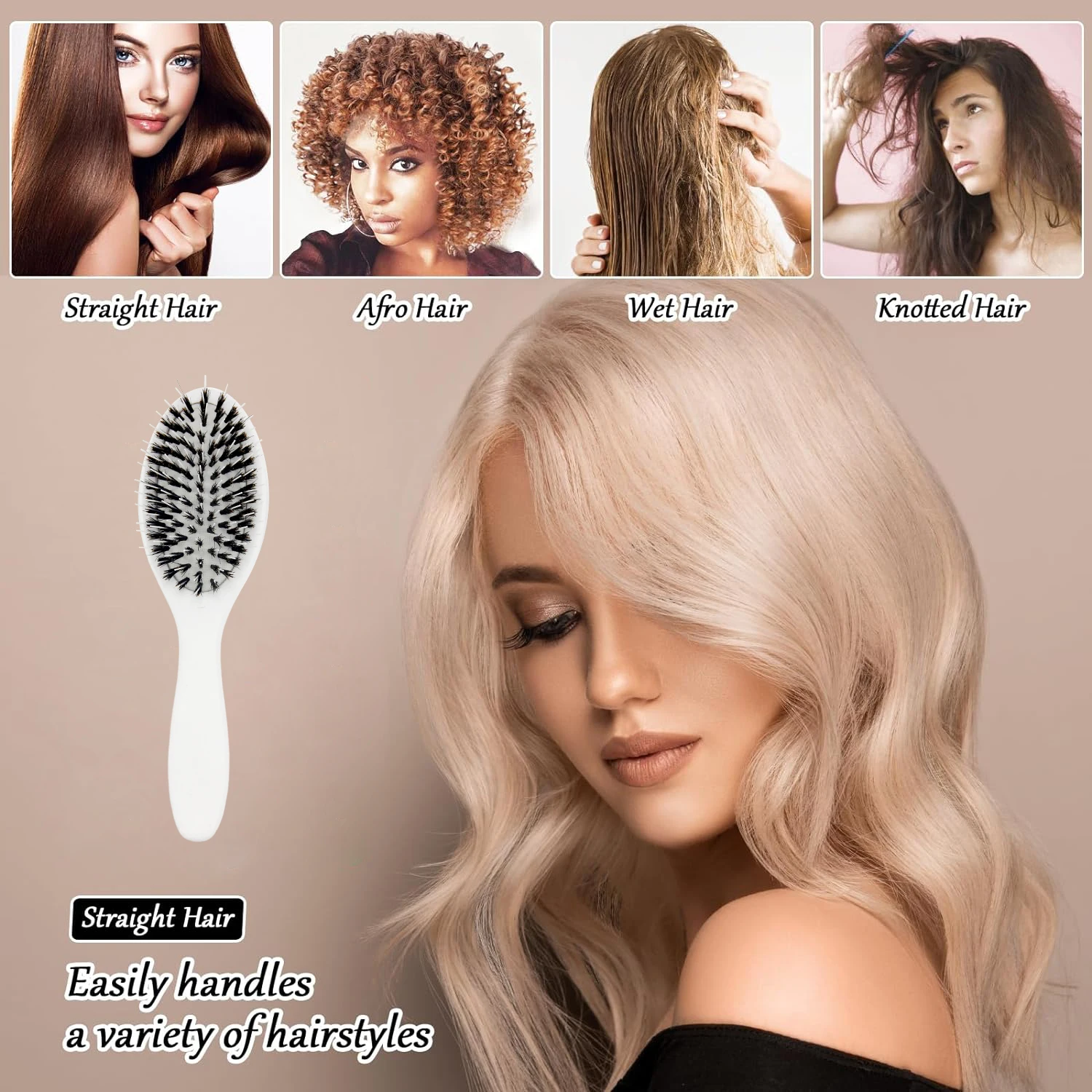 New Product Custom Packaging White Coated Boar Bristle Nylon Wooden Handle Paddle Wig Hair Extension Brush
