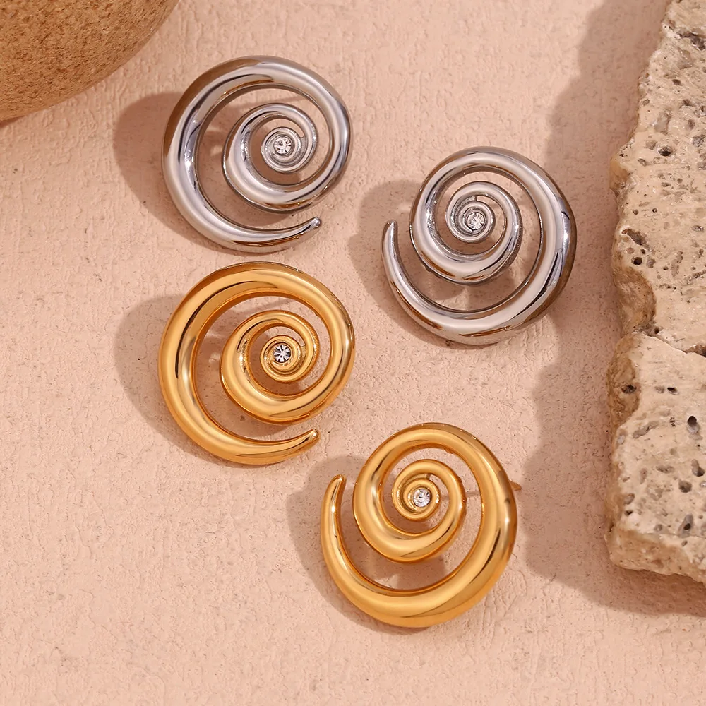Summer Designer Stainless Steel 18K PVD Gold Plated Fashion Jewelry Spiral Winding Zircon Stud Earrings For Women