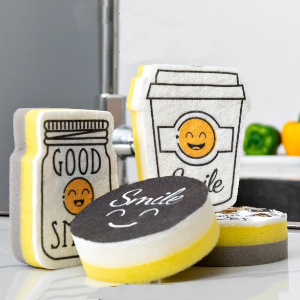 2021 New Design Fashion Cheap Funny Creative Smile Pattern Foam Cleaning Dish Pot Kitchen Sponge Set