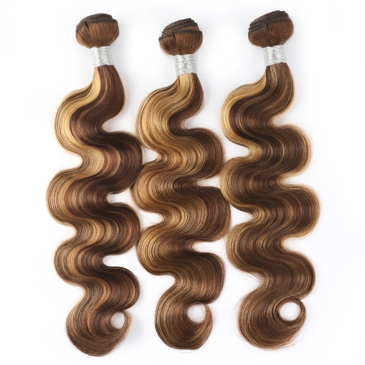 P4/27# Virgin Brazilian Hair 3 Bundles and Closure 100% Human Hair Bundles Highlight Piano Color Hair Extension With Frontal