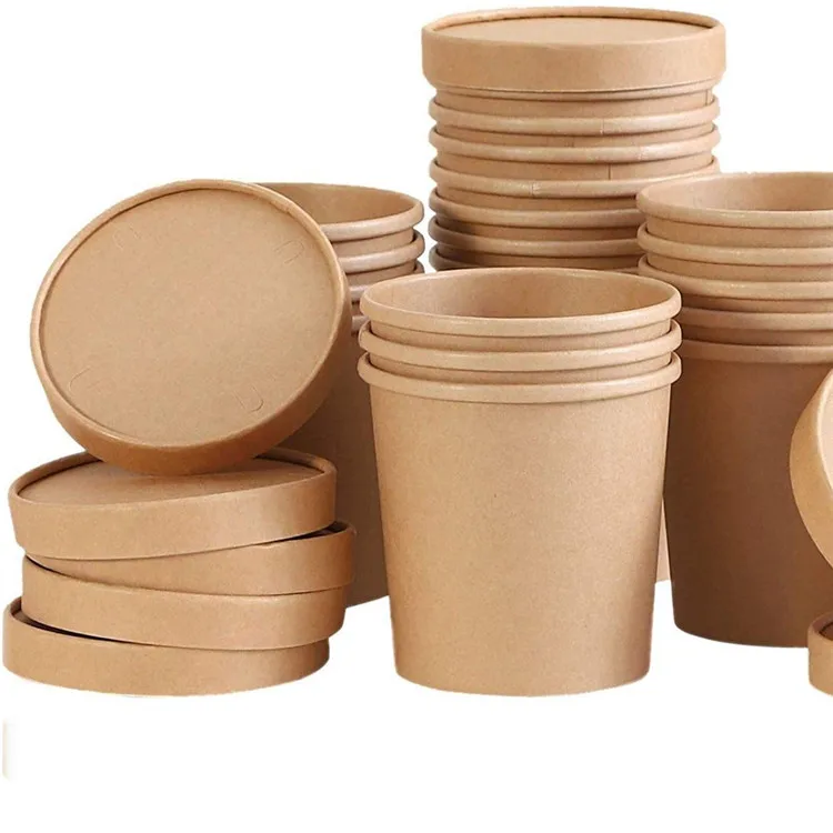 Food grade disposable food packaging kraft 32oz soup cup kraft paper soup cup paper bowl with lid
