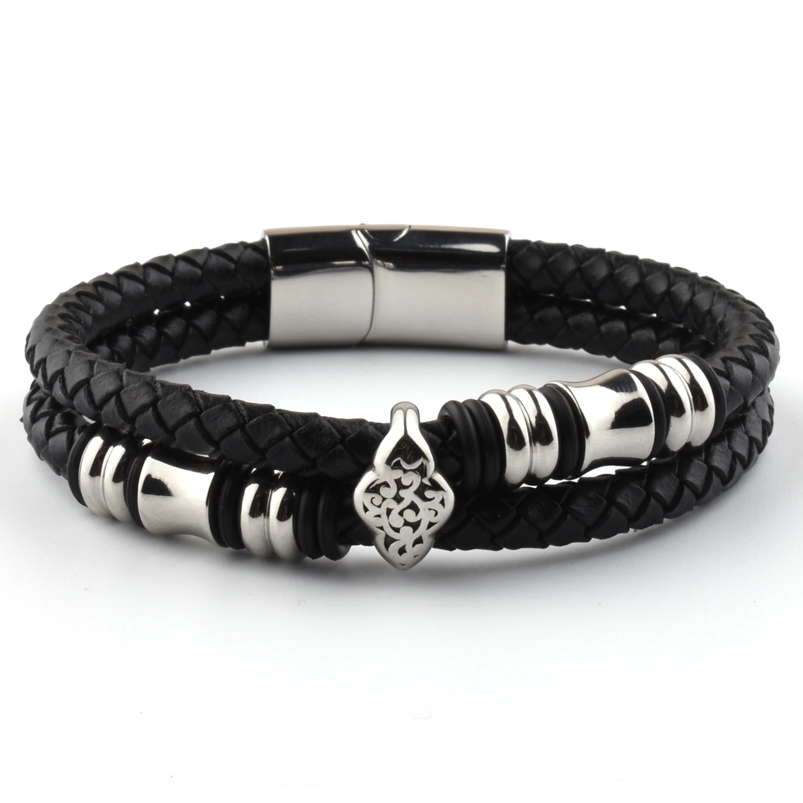 Hot Sale Item Interesting Stainless Steel Skull Silver lated Truth Leather Amega Magnetic Truth Leather Bracelet