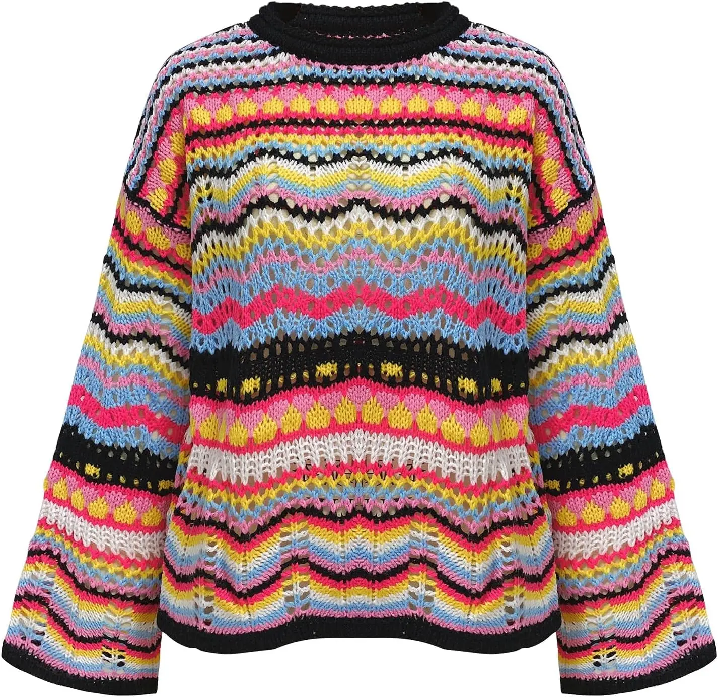 Factory Custom Wholesale Women Long Sleeve Crochet Sweater With Pointelle Casual Knit Women Clothing Sweater Pullover