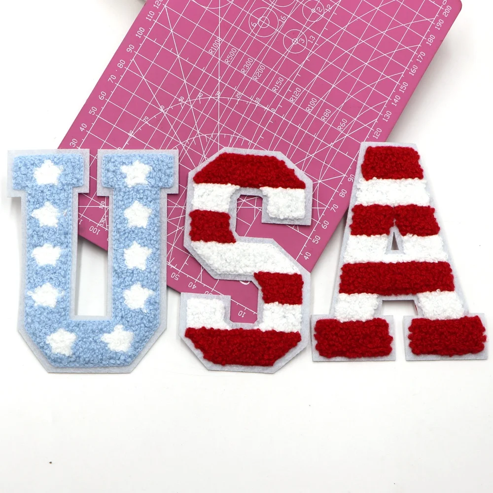 Custom Garment Accessories Embroidery Numbers Or Letter Patches Iron On Glitter Chenille Patches Usa For Clothing