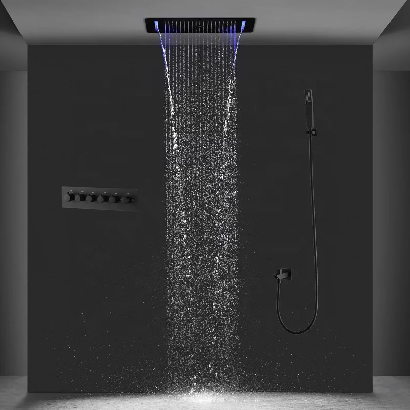 Bathroom Luxury Multi-function LED Large Size 380*700 mm Shower Head Matte Black Thermostatic Embedded Ceiling Shower Faucet Set