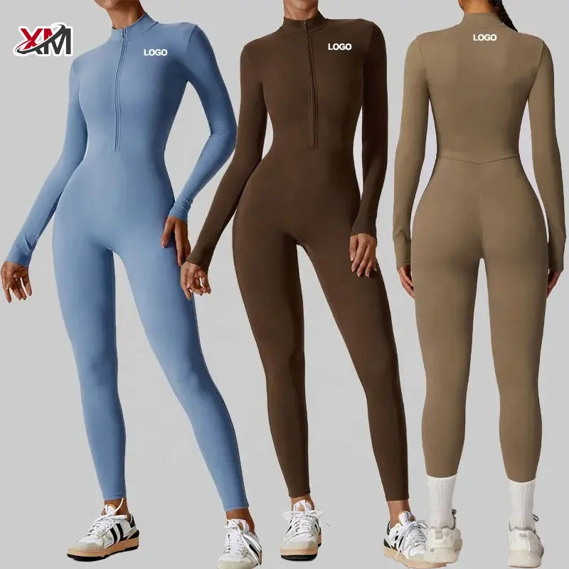 Zipper Workout Sports Custom logo One Piece Bodysuit zip Long-sleeved Slim Fit Jumpsuit Fitness Yoga Jumpsuit For Women