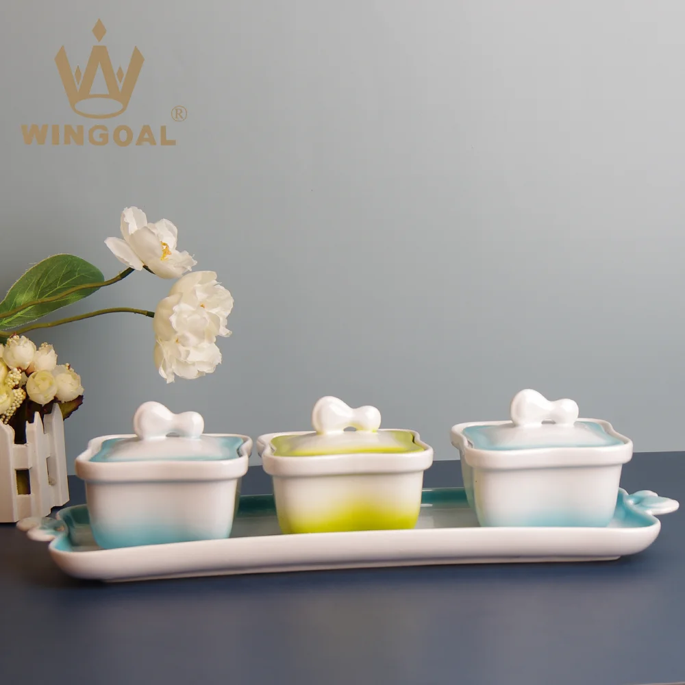 kitchen accessories condiment storage series ceramic seasoning pot with lid 3pcs for salt pepper spice sugar jars