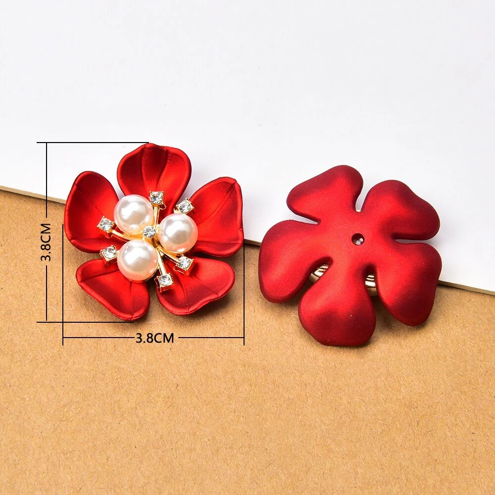 Retro Series Diy Alloy Accessories Red Color Flower Pearl Rhinestone Decoration Button For Clothing Brooch Bags Wedding Bouquet