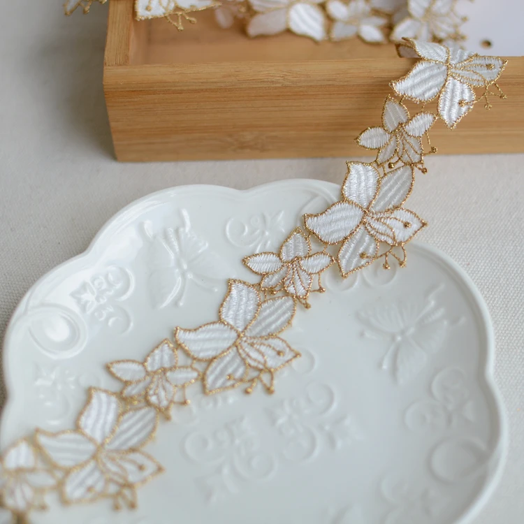 LS793 High End Gold Thread Flower Embroidery Water Soluble Lace Accessories Decorative Lace Trim for Dress Clothing