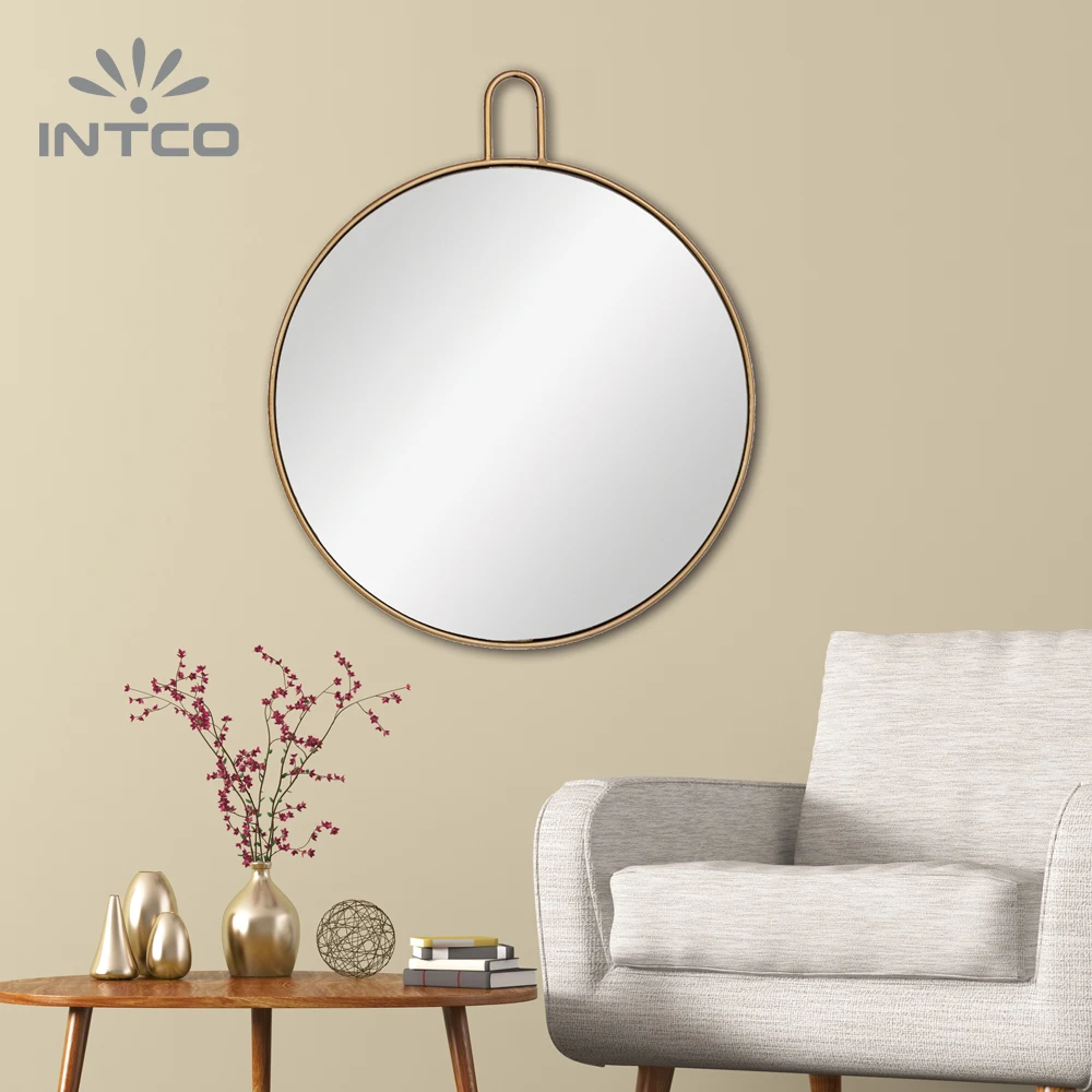 INTCO Wholesale New Arrival Modern Wall Decorative Metal Round Framed Makeup Mirror with Fashion Hanger
