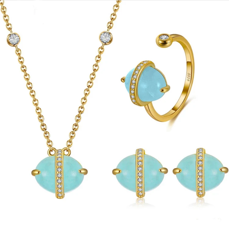 RINNTIN GM 100% Genuine Natural Aquamarine Set 925 Sterling Silver Necklace Gemstone Jewelry Set for Women Girls