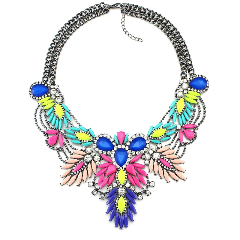 
New Trendy Bohemian Statement Charm Beaded Ethnic Style Resin Flower Chain Necklace For Women 