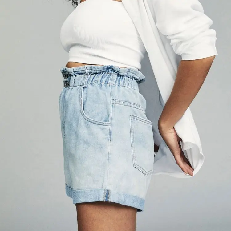 Summer New Style Elastic Waist Roll Up Hem Denim Paper Bag Shorts For Women