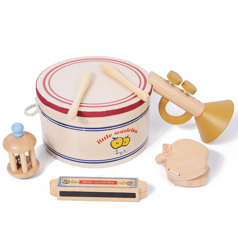 Wooden Multi-function Early Simulation Drum Hand Bell Little Musician Learning Toys Montessori Sensory Toy for Kids