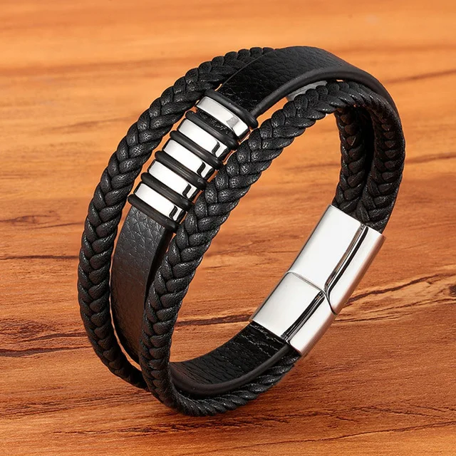 Hot Sale Gold Plated Genuine Bracelet Collier Inoxydables PVD Plated Stainless Buckle Mens Multi Layer Braided Leather Bracelet