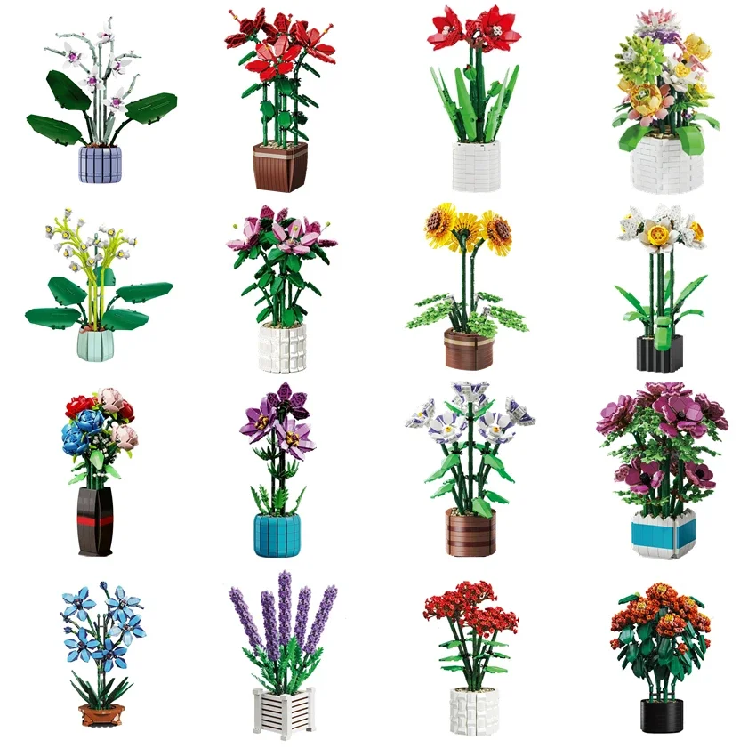 Creativity Bouquet Flower Model Building Blocks Cymbidium Faberi Bonsai Potted Plant Bricks Ideas Toy Gift for Kids Boys Girls