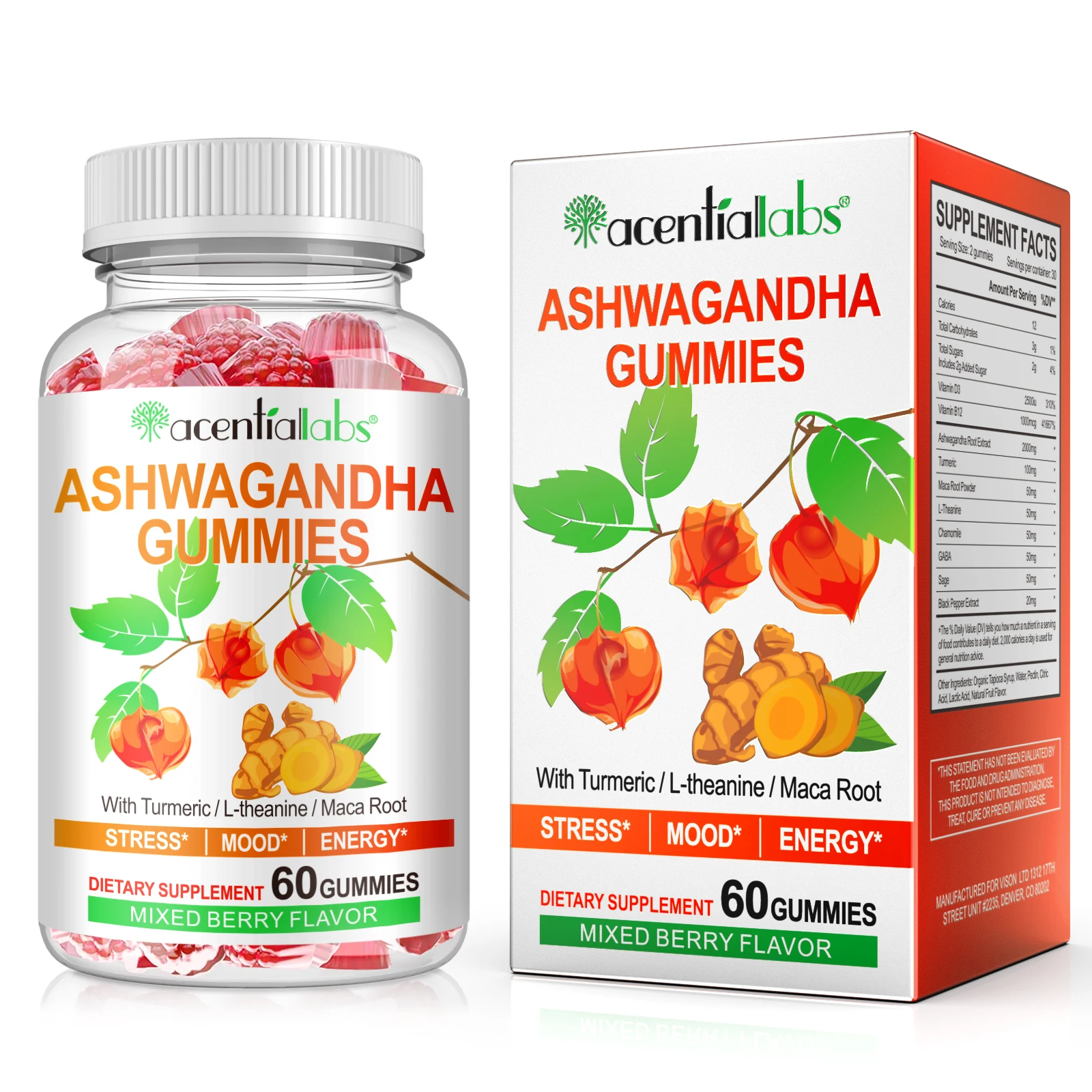 Acentiallabs turmeric relieve stress emotions vitamins ashwagandha extract gummies supplement ashwagandha gummies