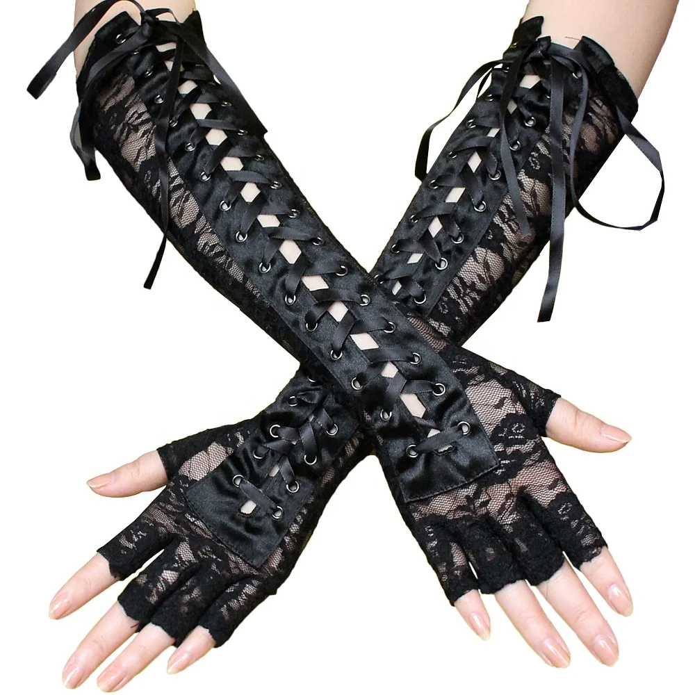 Ladies Sexy Lace Strap Bridal Gloves Long Seductive Ribbon Rivets Half Finger Bar Dance for Nightclub COS Gloves