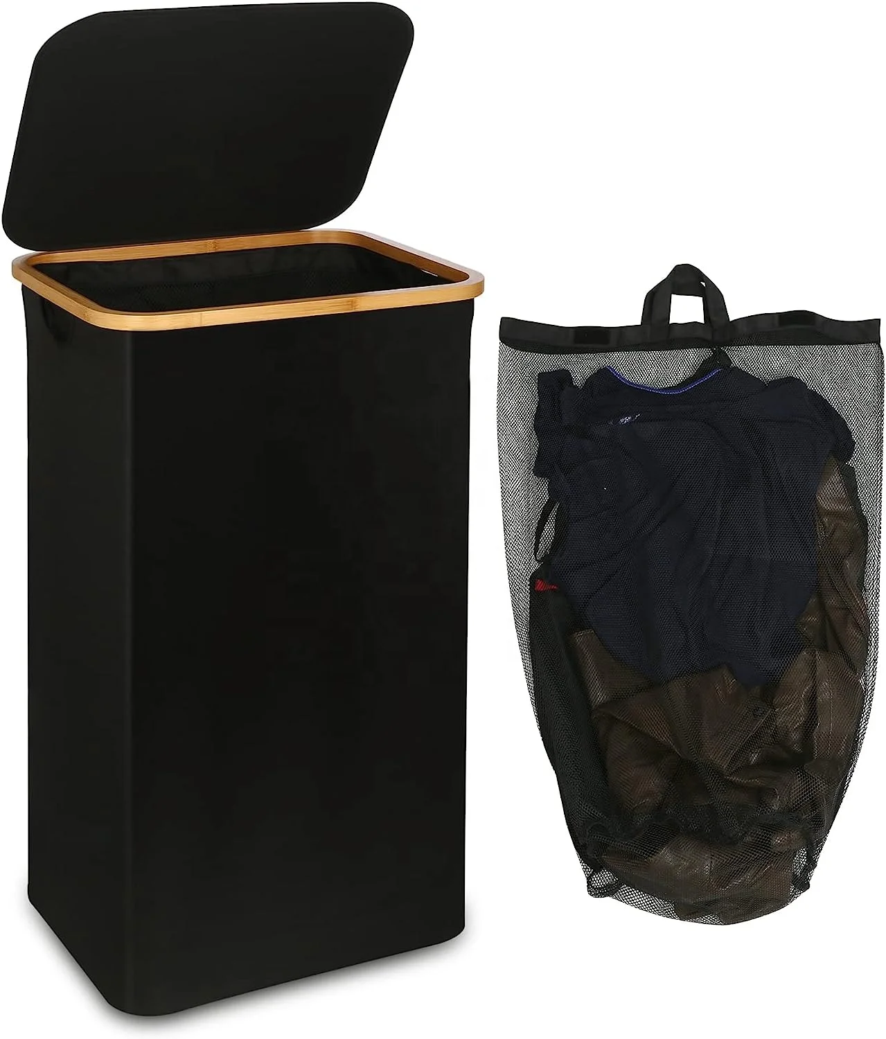 Collapsible Large Laundry Basket with Lid 100L Bamboo for Clothes Toys Freestanding Hamper with Inner Bag for Bedroom Bathroom