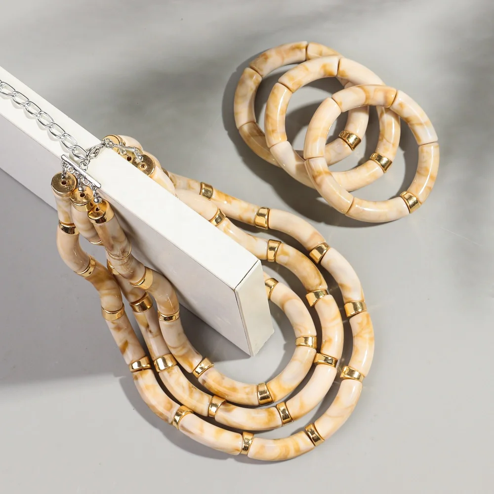 2024 Resin Shell Marble Multilayer Jewelry Gold Plated Copper Spacer Creative 3 PCS Tube Beads Bracelet Necklace Set for Women