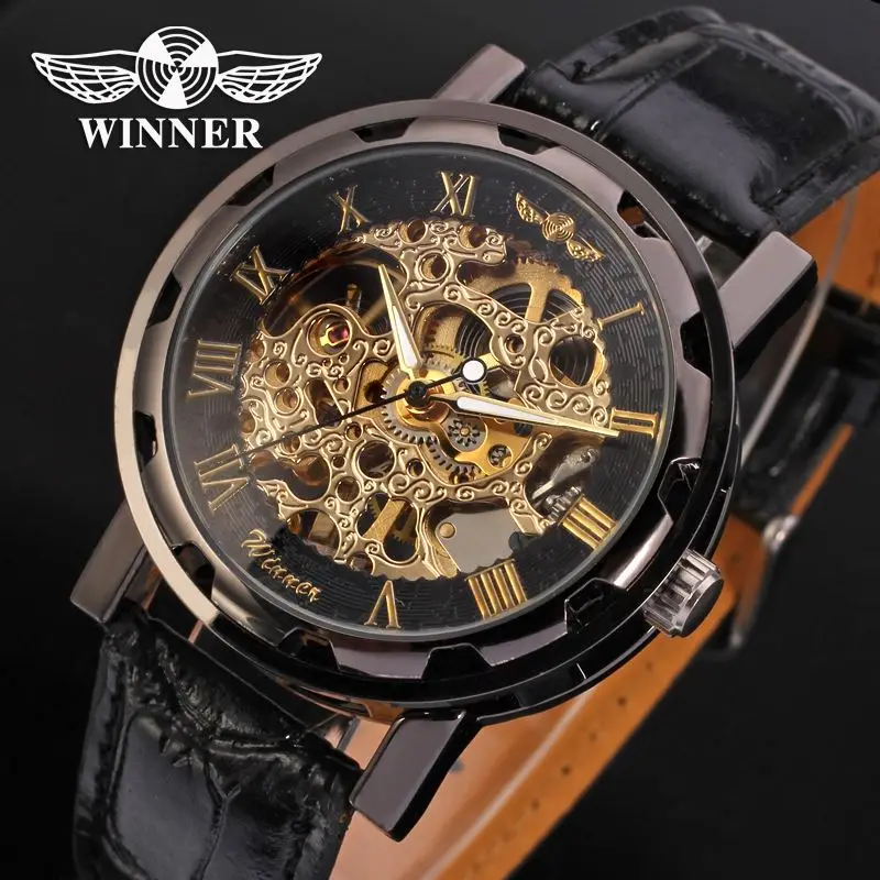 WINNER 8008 hot sell blue boys mechanical watch costume leather band Waterproof self winding skeleton storage wrist watch