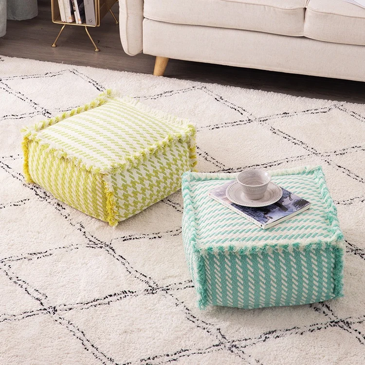 Hot selling farmhouse wholesale machine woven thick fabric living room sofa decor foot stool pouf for kids ottoman fatti a mano