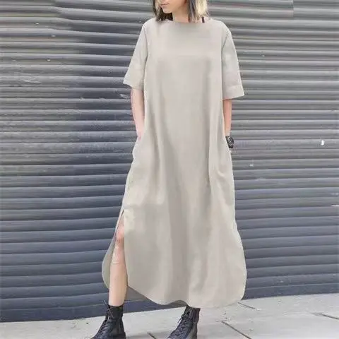 2023 Women Clothes European Korean Style  Casual Dress Wholesale Summer Simple  Cotton Linen Long Dress For Women