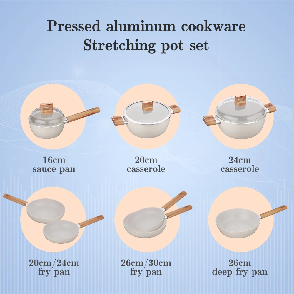 New Model Household Items Press  Cooking Set White Color  Aluminium Ceramic Non Stick Coating Wood Grain Soft Touch Handle