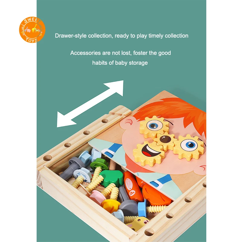 Wooden Nut Disassembly Screw Assembly Pretend Play Educational Repair Carpenter Tool Smiley Face toolkit Montessori toys