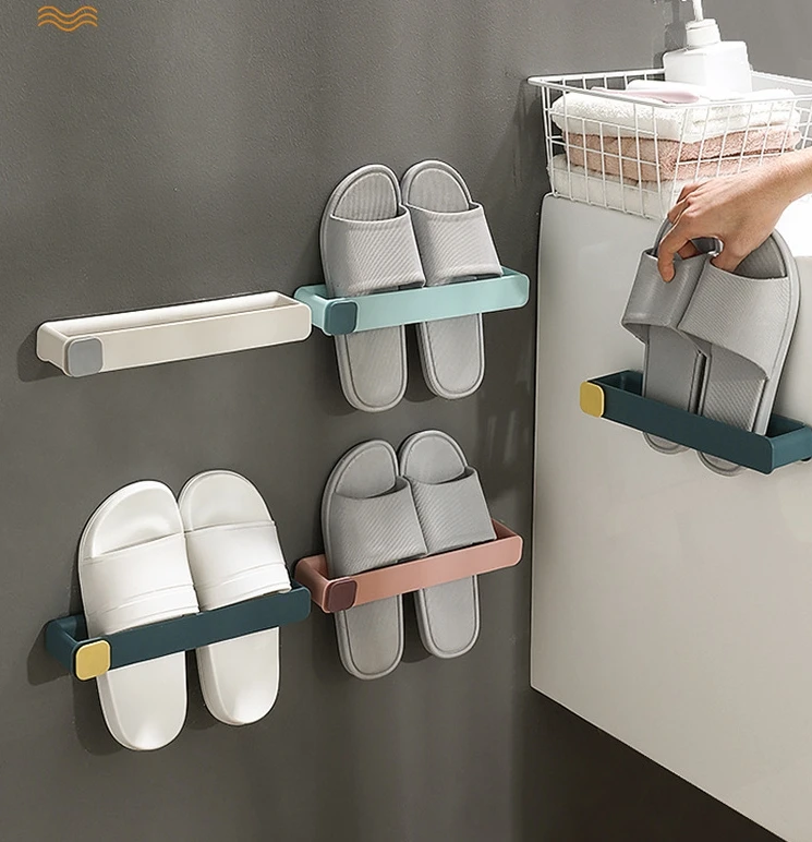 Wall Mounted Plastic Shoe Storage Rack With Hooks Plastic Slippers Shoes Organizer Home  Bathroom Pot Storage Shelf Shoe Holder