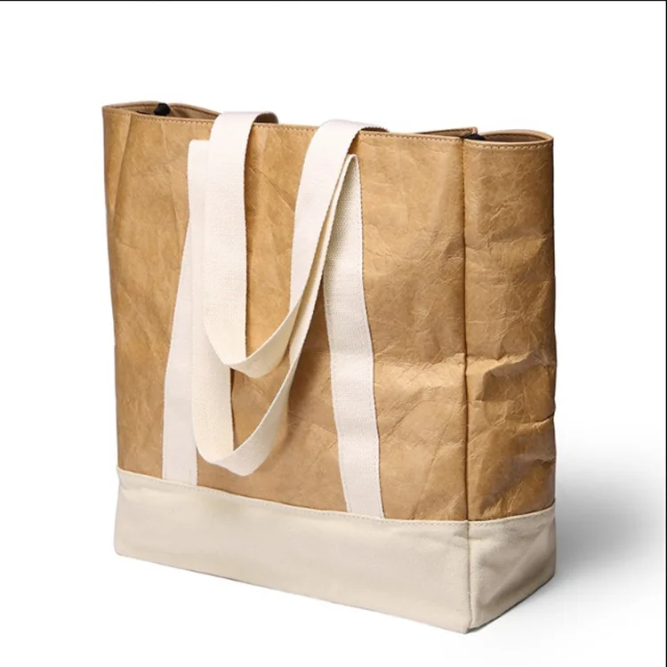 custom logo canvas handle kraft paper tote women shoulder shopping bag large contrasting color stitching tyvek kraft tote