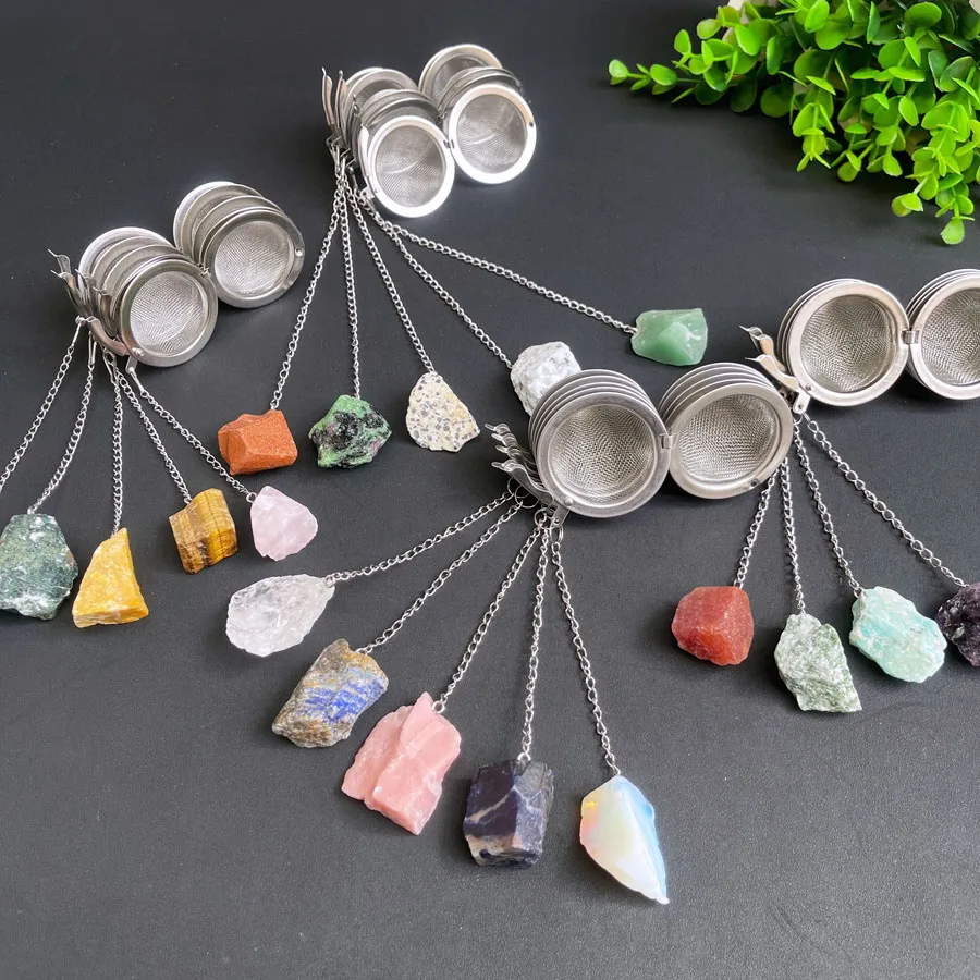 Wholesale Tea Maker Tea Filter Mixed 304 Stainless Steel Natural Gemstone Mixed Raw Quartz Crystal Tea Strainer for Meditation