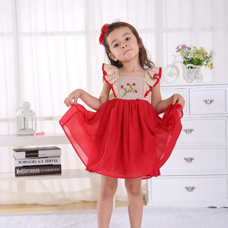 2023 New fashion design lace baby girl wedding dress for 1 to 5 year kids red embroidered lace dress for kids