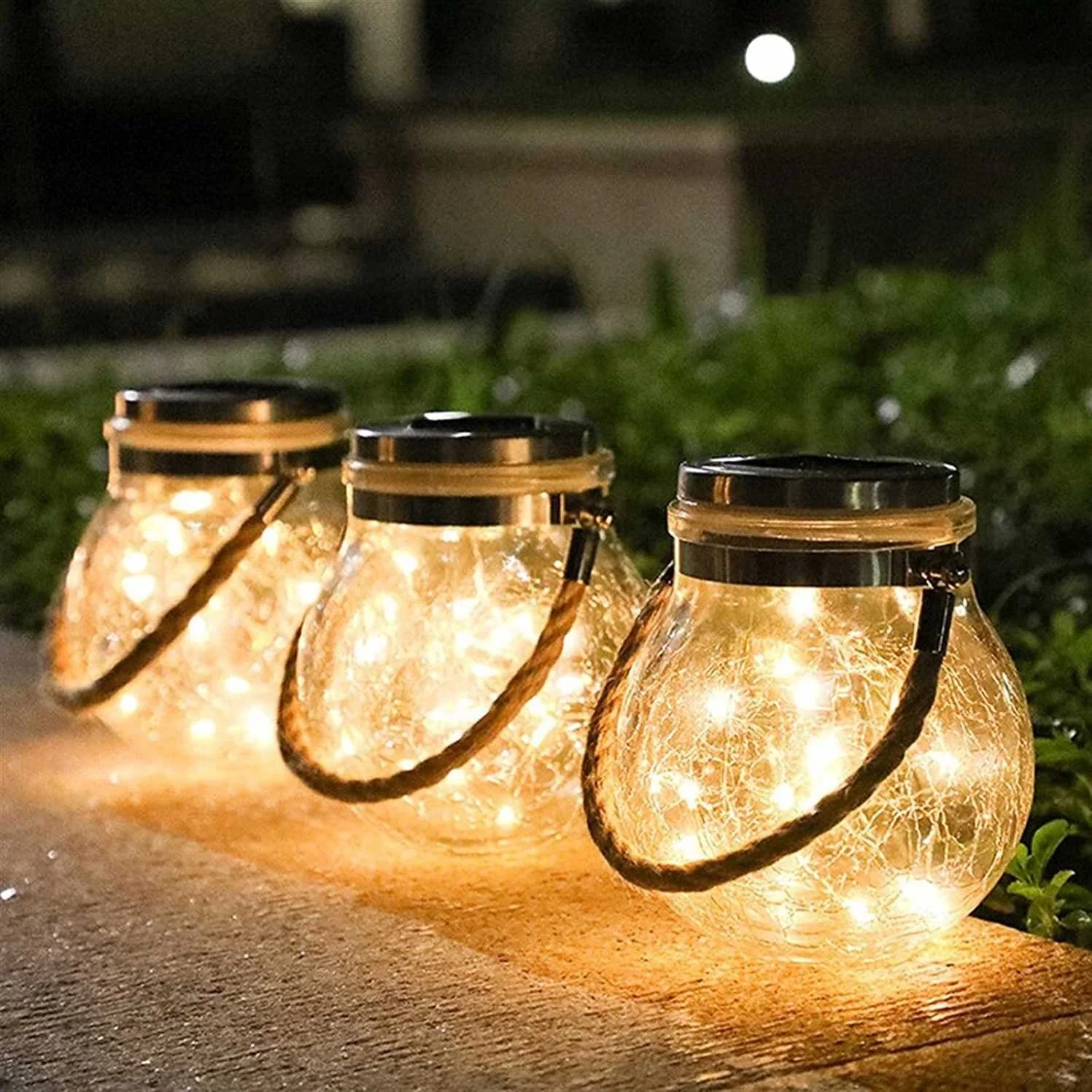 Shingel Solar Lantern Hanging led Mason Jar Light Crack Glass Bottle Mason Jar Solar Garden Light Hemp Rope Hanging Lights