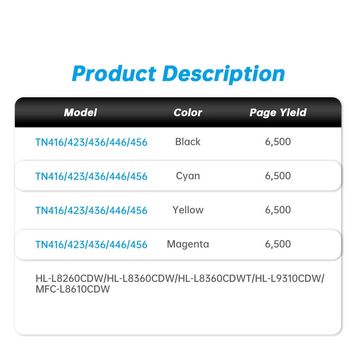 TN416 TN423 TN436 TN446 TN456 Premium Compatible Laser Color Toner Cartridge for Brother HL-L8260CDW HL-L8360CD HL-L9310CDW